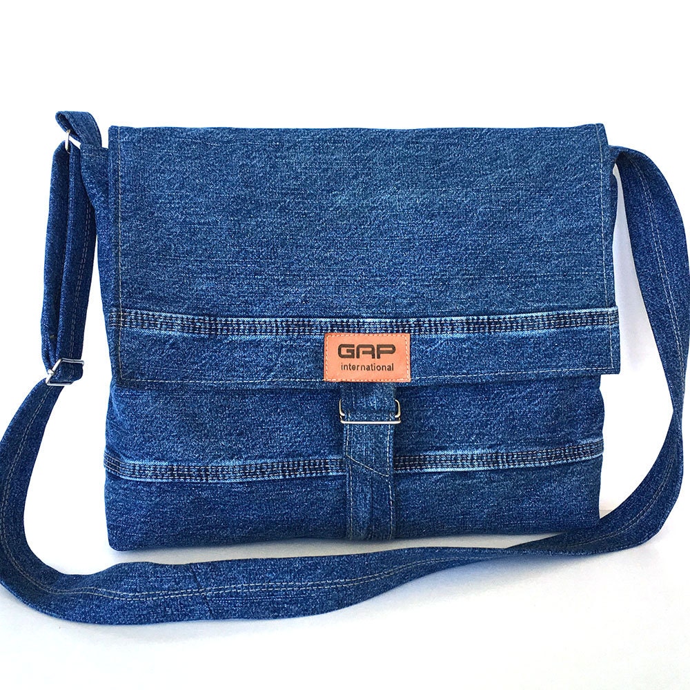 Recycled jean messenger bag Large denim crossbody bagMen