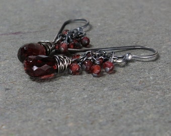 Garnet Earrings Red Gemstone Cluster January Birthstone Oxidized Sterling Silver Gift for Her