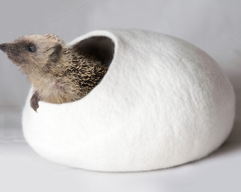 Cat Bed / Cave / House / Vessel - Hand Felted Wool - White Stone - Crisp Contemporary Design