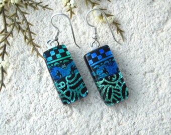 Blue Green Earrings, Dichroic Glass Earrings, Fused Glass Jewelry, Blue Green Jewelry, Dangle Drop Earrings, Sterling Silver, 021316e102