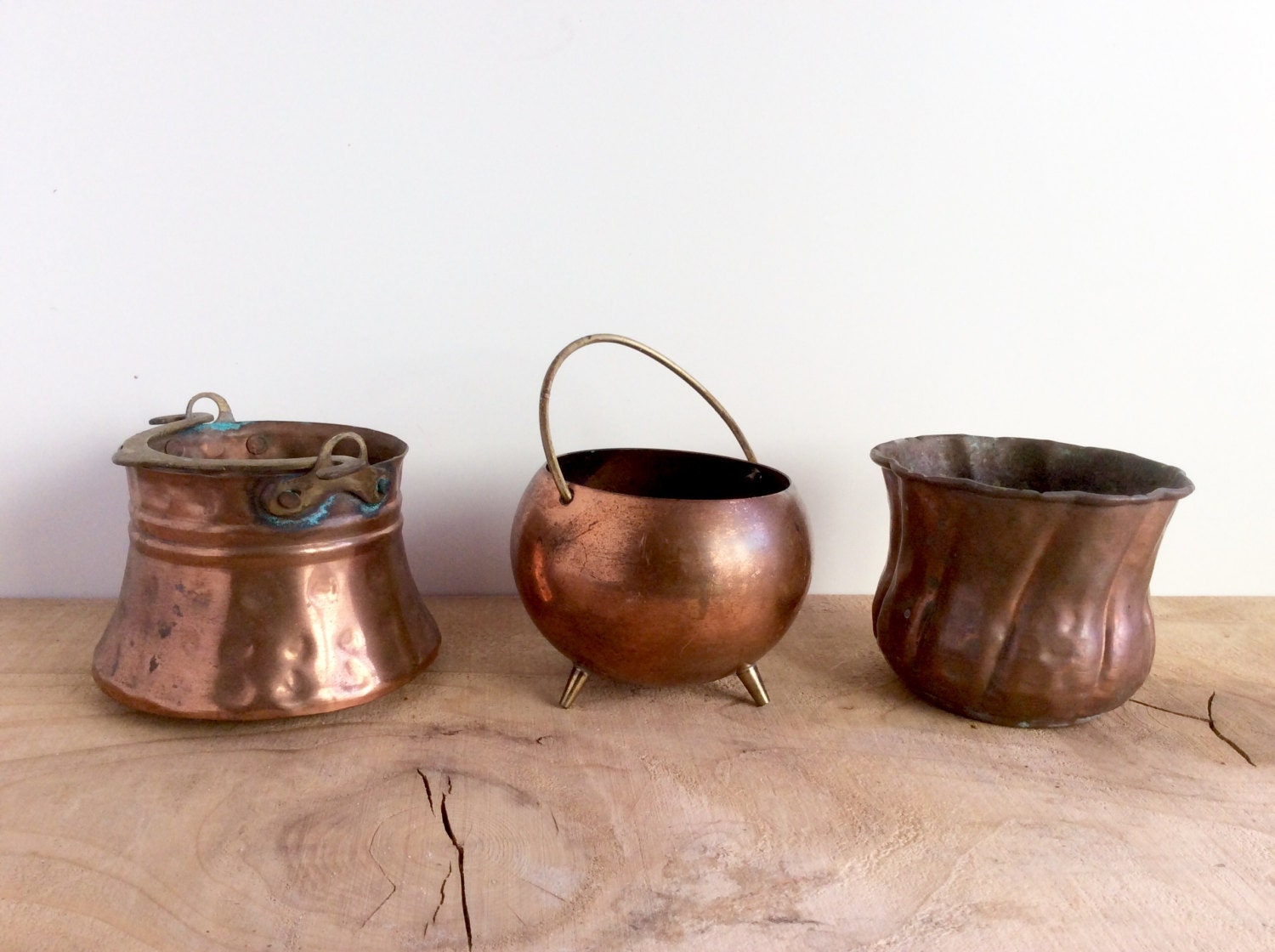 Mini Copper Planters. Vintage Copper Pots. Round Hammered