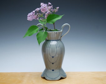 Bud vase in Ocean gloss w. Navy blue polka dots & detail, Victorian modern Home decor