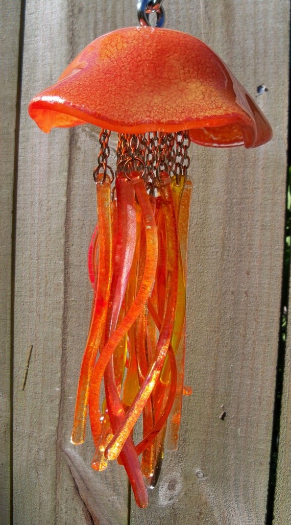 Jellyfish Fused Glass Windchime Firey Orange Crackles