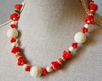 1930s Glass and Metal Bead Necklace Vintage Red and White