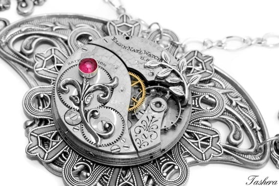 Pink Tourmaline Necklace, Steampunk, Avant Garde, Sterling Silver, Bib Necklace, Floral, Art Nouveau, Antique Pocket Watch, Wedding Necklace by tasherajean steampunk buy now online