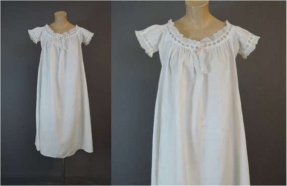 Antique White Cotton Nightgown 36 bust Off Shoulder Short