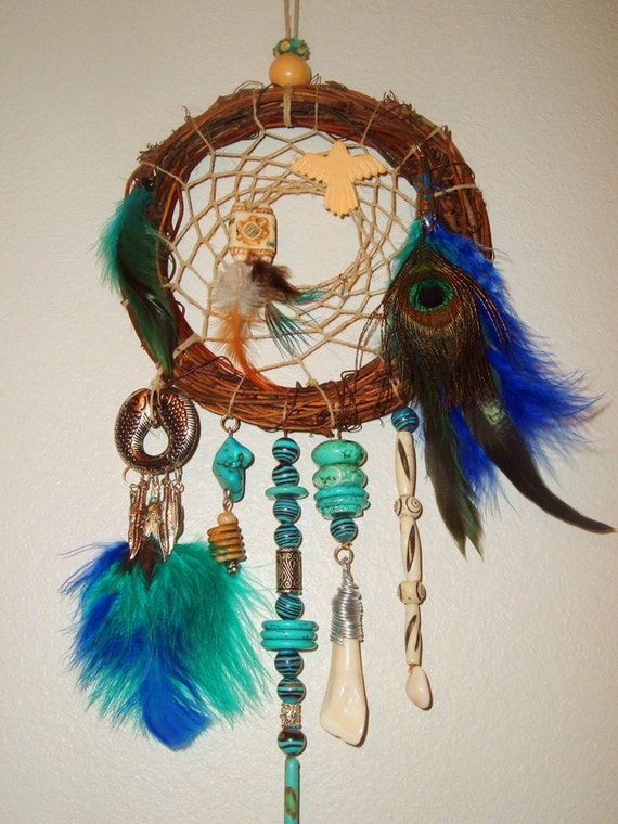 Native American Chippewa Dream Catcher Turquoise Feathers