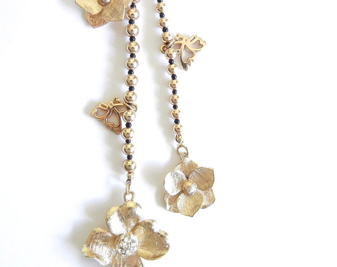 Flower Pendant with Drop Chains with Charms Textured Gold-tone