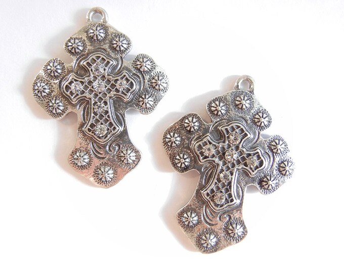 Pair of Antique Silver-tone Spanish Western Style Cross Charms with Rhinestone Accents