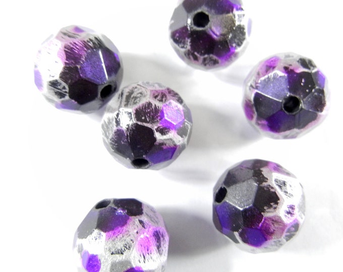 Set of 6 Large Faceted Metal Beads with Purple Black and Silver Color