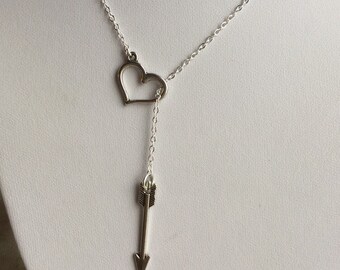 Arrow Thru Heart Necklace, heart and arrow charm, heart pendant, haeart lariat necklace