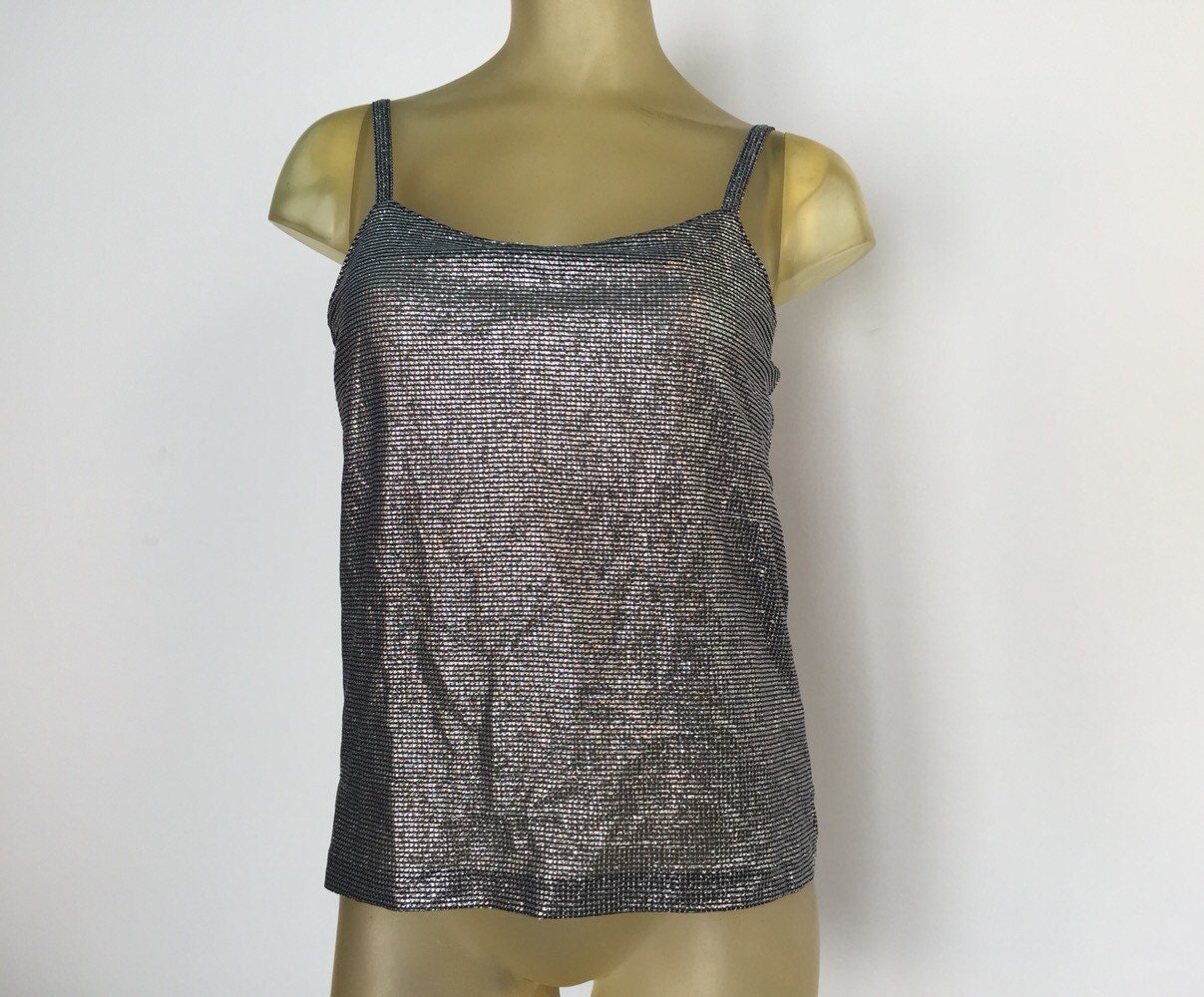 Sparkly Silver Tank Top Silver Lame Camisole Built in Shelf