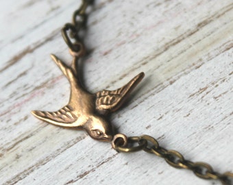 Free shipping. Brass Bird Sparrow Necklace
