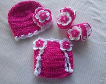 Baby Girl Infant Girl Crochet Hat Beanie Booties Diaper Cover Baby Shower Gift Photo Prop 10019