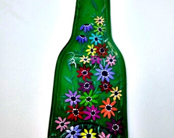 Spoon Rest, Kitchen Trivet, Melted Green Beer Bottle, Hand Painted Colorful Flowers, Candle Holder