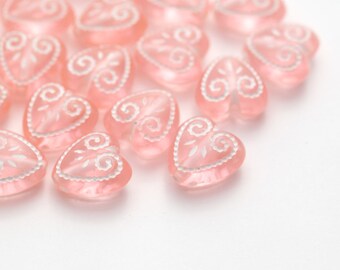 Carved Pink White Acrylic Heart Beads Etched 11mm (30)
