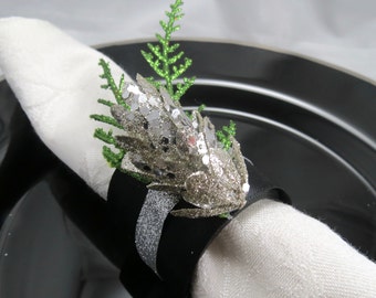Sparkly Silver Pinecone Napkin Rings with cedar for Christmas or Wedding or Dinner Party