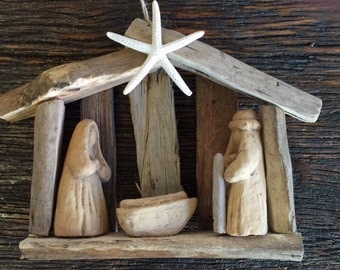 ORIGINAL OBX driftwood tree ornament wood nativity scene decoration manger scene baby Jesus religious Christmas ornament BeachHouseDreams