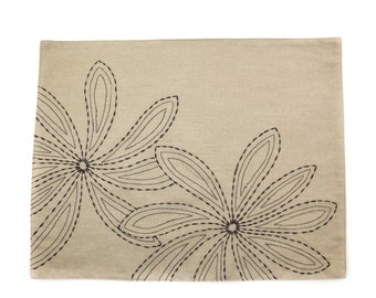 Linen Placemats Set of 4, Light Brown Linen Leaf Embroidery, Fabric Placemats, Table Linen, Table top, Leaf Placemat, Housewarming gift