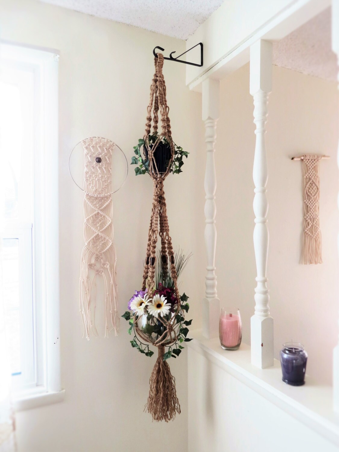 70s Double Jute Macrame Plant Hanger 55 beaded by MainlyMacrame