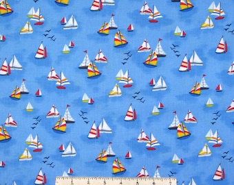 Nautical Fabric - Sailboats on Ocean Blue Blender - Timeless Treasures YARD