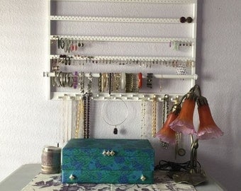Jewelry Holder, 28" W x 20" L, Earring Organizer, "You Choose The Stain", White, Solid Oakwood, Earring Holder, Necklace, Bangle, Wall