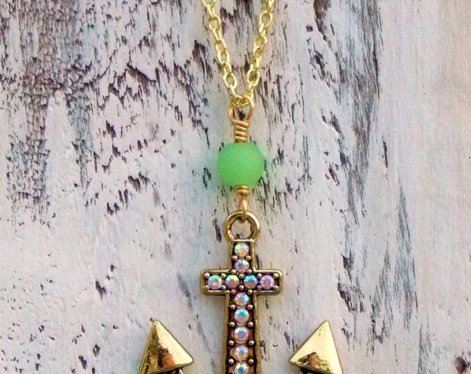 Anchor Necklace Gold Rhinestone Beach Jewelry Recycled Sea Glass Beaded Nautical Gold Anchor Pendant Green Recycled Glass Boho Necklace