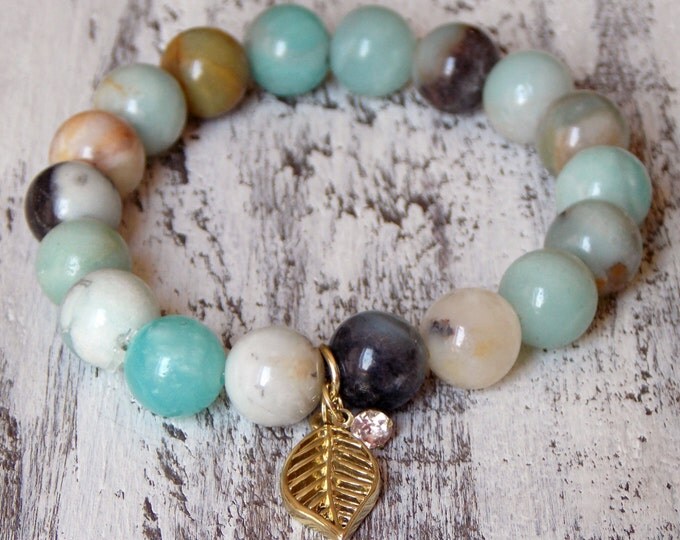 Amazonite Gemstone Stretch Gold Leaf Rhinestone Charm Bracelet Boho Stack Trendy Layering Fashion Gemstone Bracelet