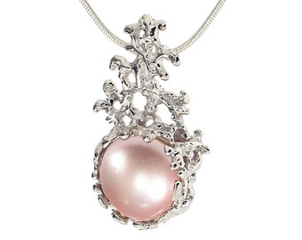 CORAL Pink Pearl Pendant Necklace, 14k White Gold Pink Pearl Necklace Wedding, Bridal Pearl Necklace Gold, Bridal Jewelry Pearl