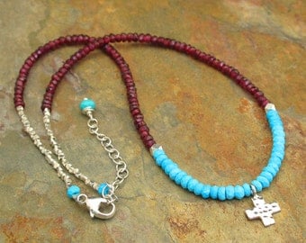 Turquoise Garnet Sterling Silver Necklace - Little Rustic Cross
