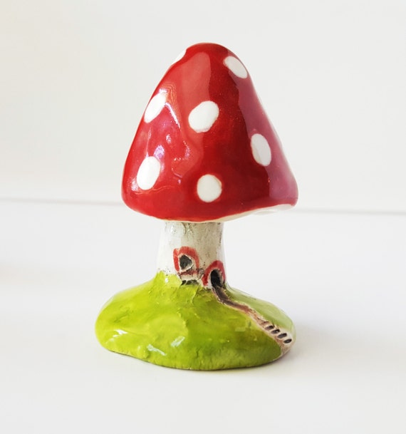 One Clay Mushroom House Ceramic Mushroom Miniature