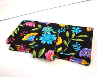 Fabric Checkbook Cover, Checkbook Holder Cash Holder - Black Floral with Teal Lining