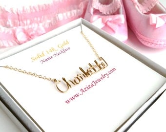 14k Solid Gold Baby Name Necklace. Custom Gold Girls Name Necklace. Baby Name Necklace. 14k Gold Infant Newborn Kids Baby Girl Necklace