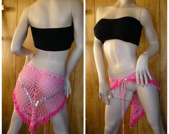 Gypsy shawl, Belly dance hip scarf, crochet pink, with beads, drops and dance bells, will fit most 40"at waist,27" at the longest point