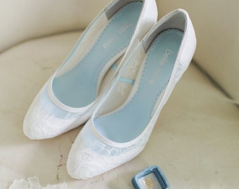 Classic Chantilly Lace Wedding Shoes Closed Toe Pumps with Something Blue Lining Bridal Shoes Bella Belle Shoes Millie