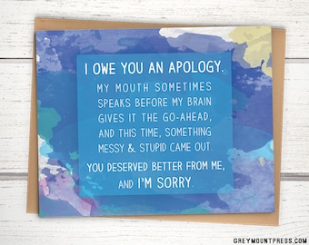 I'm sorry card. Apology card on watercolor background.