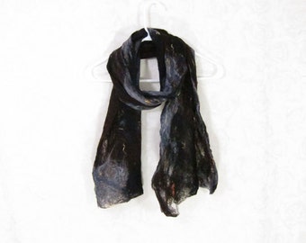 Cobweb Felted Scarf Wool Scarf Gifs for Her Winter Scarf Fall Scarf Womens Scarf Long Scarf Lightweight Scarf in Brown Black Gray OOAK