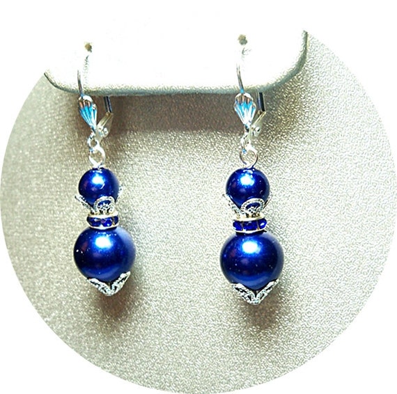 Dark Blue Earrings Pearl Dangle Earrings Mother of the