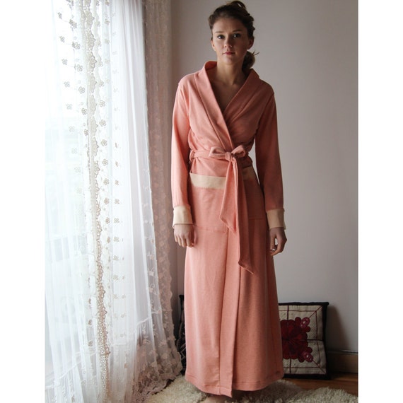 womens long robe in cotton french terry with patch pockets