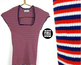 Vintage 70s Red, White and Blue Striped Stretchy Tight Top with Scoop Neck!