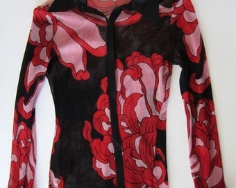 vintage VIVIENNE TAM designer nylon floral chrysanthemum Blouse Size 2