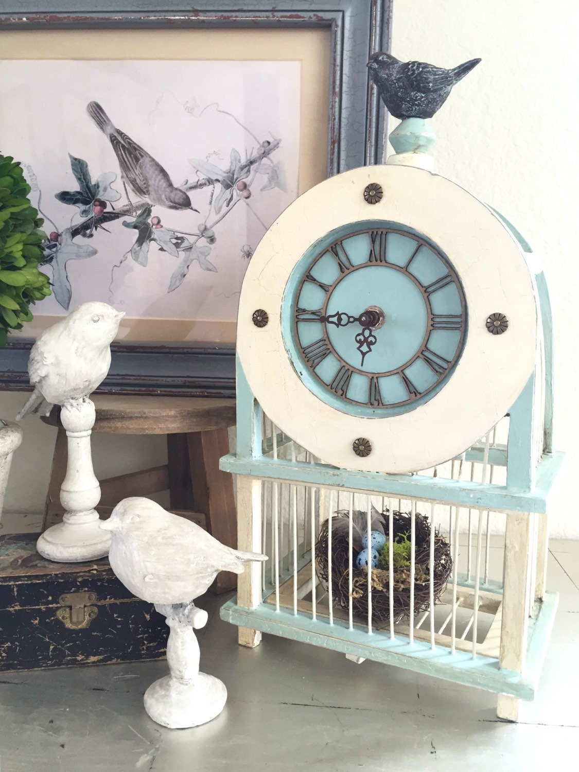 Cottage Style Bird Cage Clock with Bird Finial and Nest Aqua