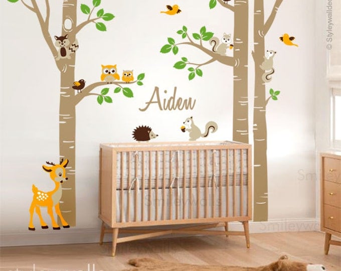 Birch Trees Wall Decal, Forest Trees Wall Decal, Forest Animals Wall Decal, Birch Trees and Animals Sticker, Woodland Animals Trees Decal