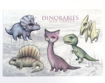 Dinobabies Sticker Sheet - Dinosaur and Dinokitty vinyl art stickers - by Mab Graves