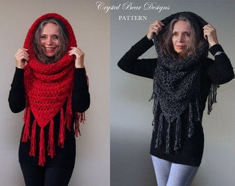 Hooded Cowl Crochet PATTERN / Hooded Scarf Poncho / Beaded Fringe Trim / "Athena Hooded Cowl"
