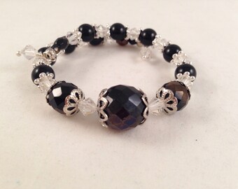 Black and White Crystal Bangle Bracelet with Silver Trim Wraps Around 1.5 Times Fits all Wrist Sizes OOAK Previously 23 Dollars ON SALE