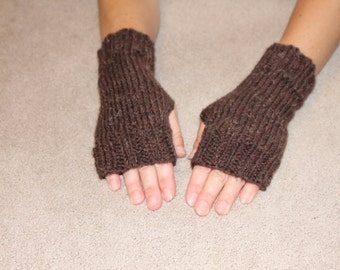 Hand Knit Fingerless Mittens/Texting Gloves-Brown 100% Wool Wrist Warmers