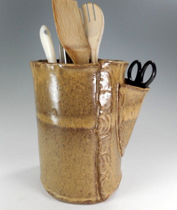 Ceramic large utensil holder hand built stoneware tall