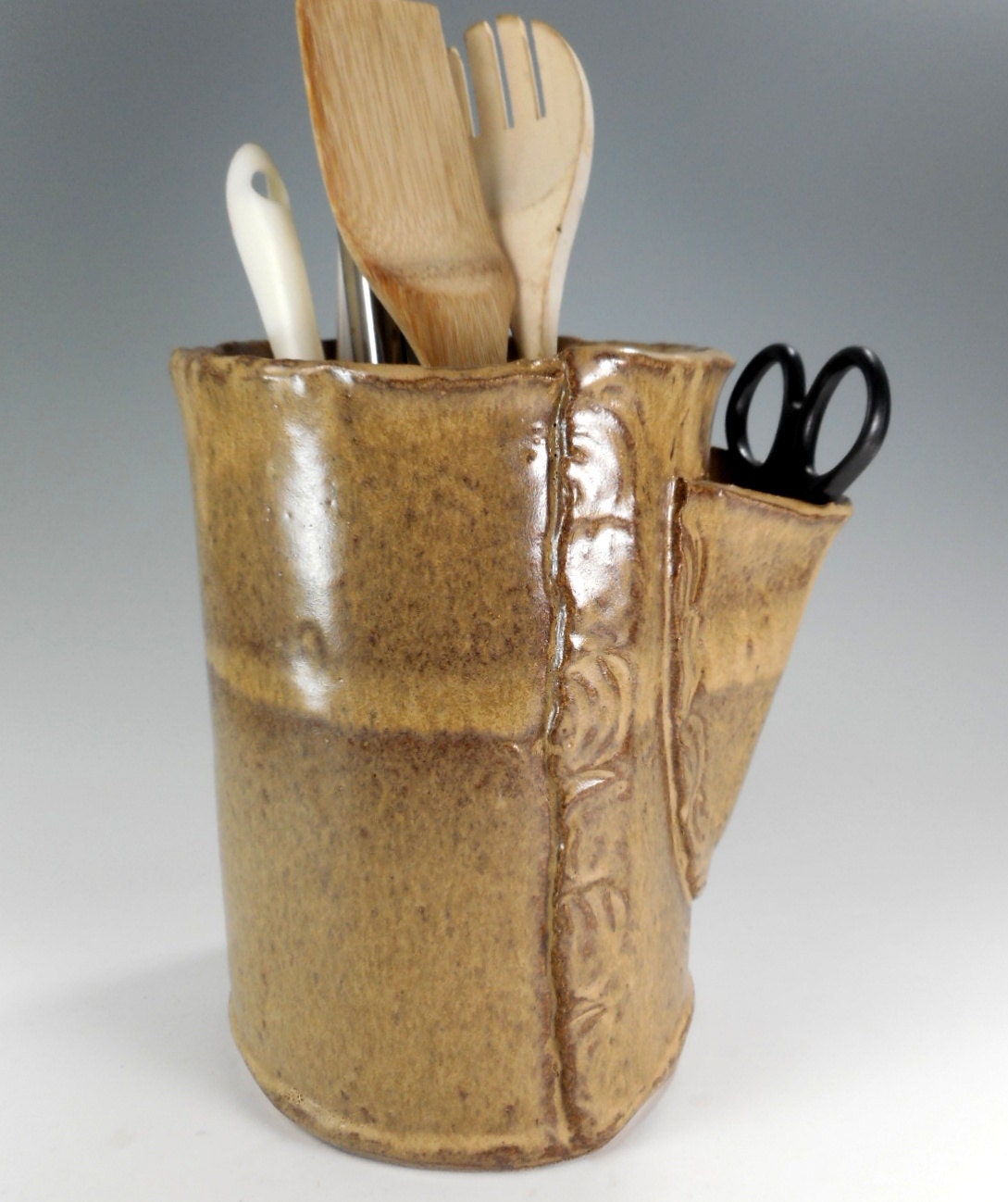 Ceramic large utensil holder hand built stoneware tall