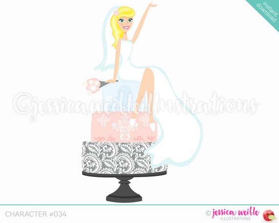 Blonde Daydream Bridal Vector Character Illustration, Bride Sitting on Wedding Cake, Damask, Weddings C034 Il_570xn